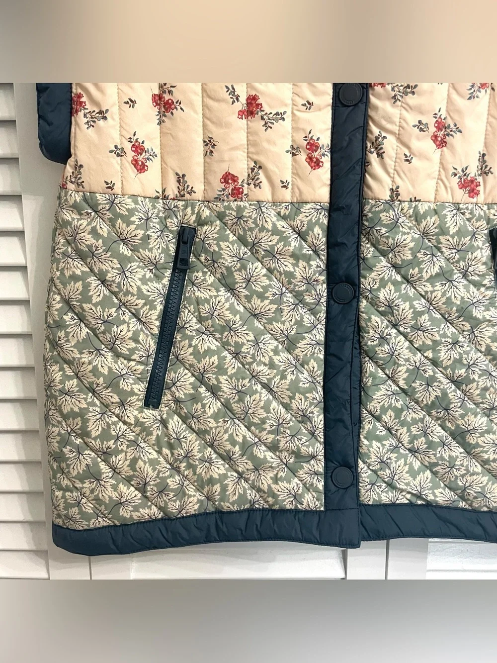 Zara Cream Floral Quilted Vest with Blue Trim